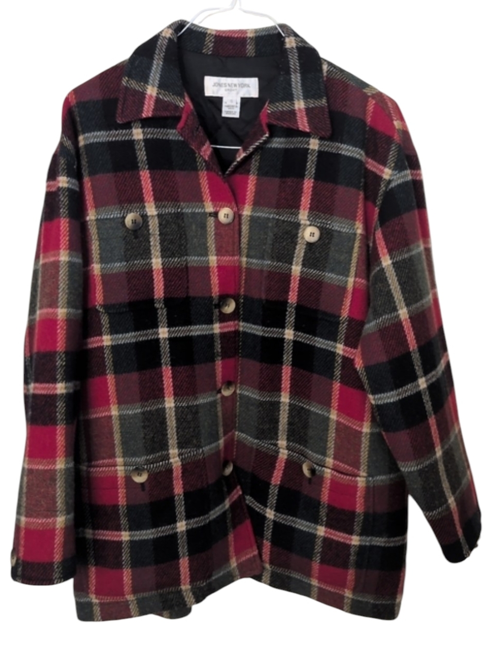 Jones New York Mens/Women Red Plaid 100% New Wool  Jacket w/ Pockets Oversized